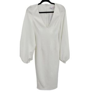 True Violet Dress 8 White Plunge Balloon Sleeve Midi Pencil Elegant Bridal Party